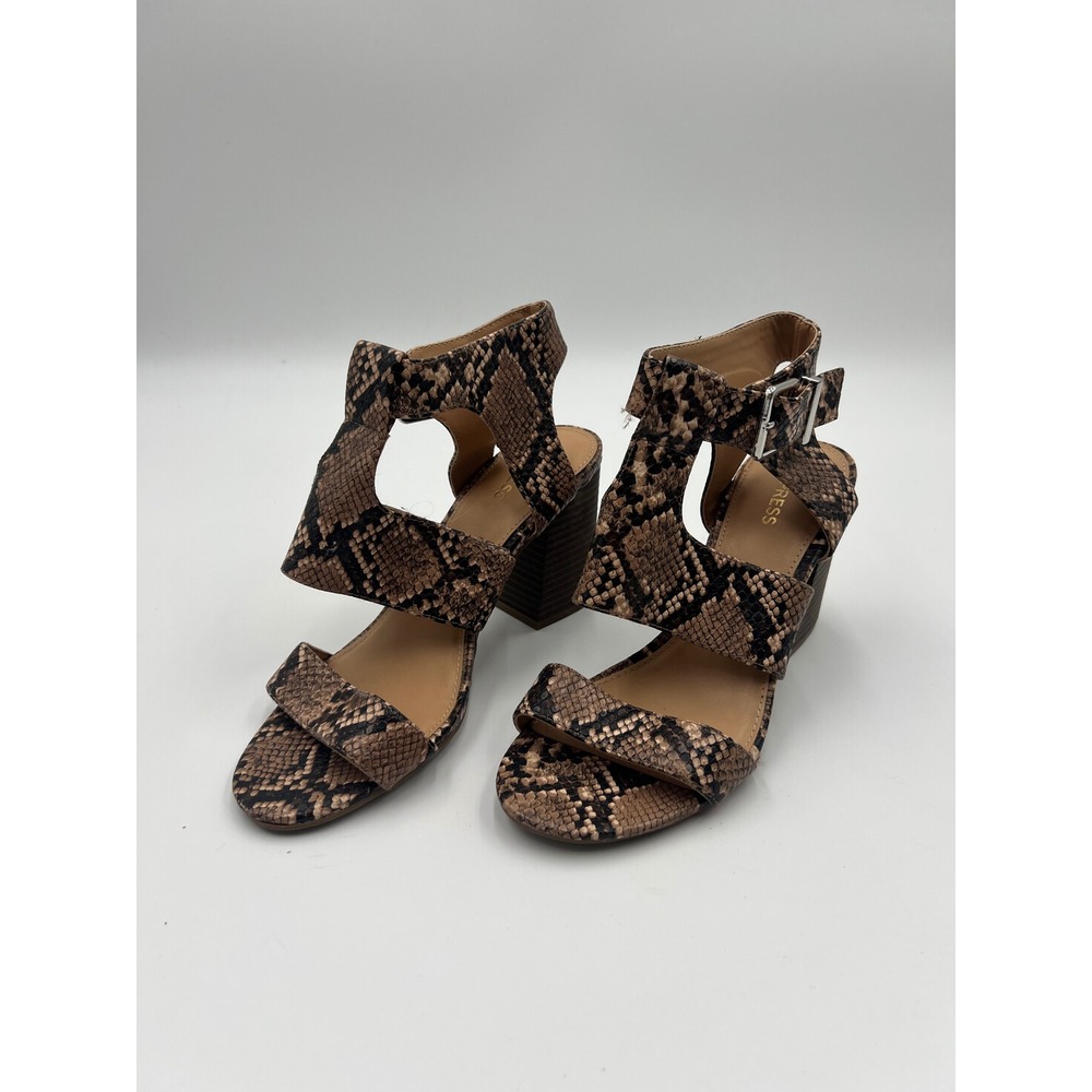 Express Womens Size 7 Snakeskin Print Block Heel Strappy Sandals Brown